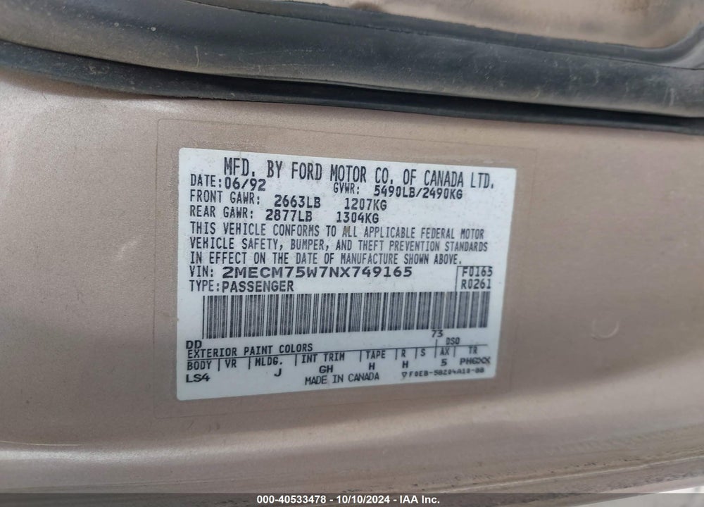 1992 MERCURY GRAND MARQUIS LS VIN: 2MECM75W7NX749165