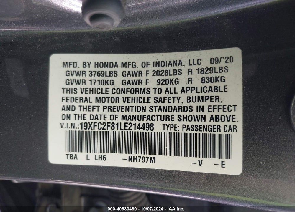 2020 HONDA CIVIC SPORT VIN: 19XFC2F81LE214498