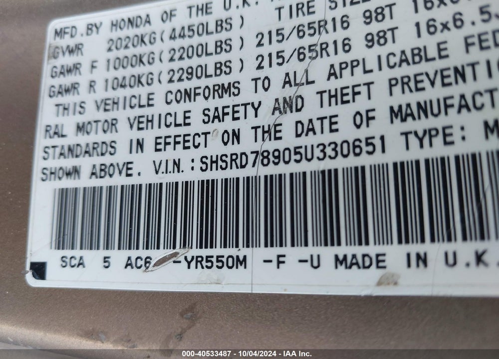 2005 HONDA CR-V SE VIN: SHSRD78905U330651