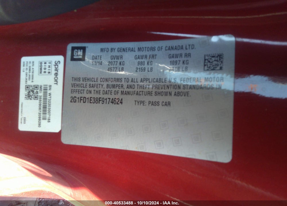 2015 CHEVROLET CAMARO 1LT VIN: 2G1FD1E38F9174624