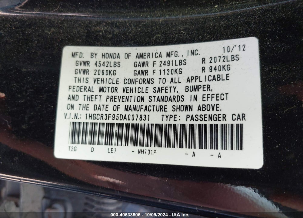 2013 HONDA ACCORD TOURING VIN: 1HGCR3F95DA007831