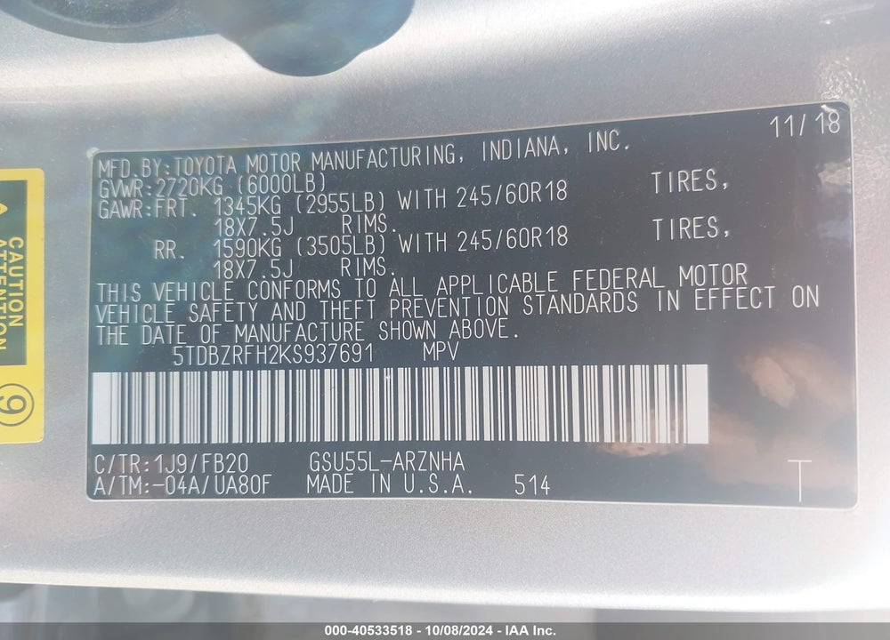 2019 TOYOTA HIGHLANDER LE VIN: 5TDBZRFH2KS937691