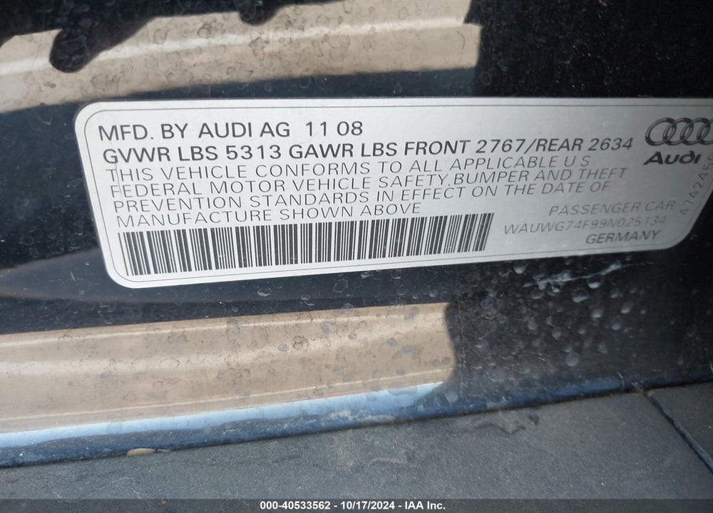 2009 AUDI A6 3.0 PREMIUM VIN: WAUWG74F99N025134