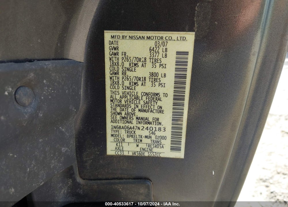 2007 NISSAN TITAN SE VIN: 1N6BA06A47N240183