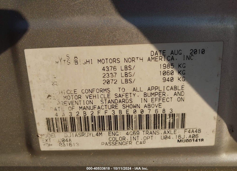 2011 MITSUBISHI GALANT FE VIN: 4A32B2FF3BE007683