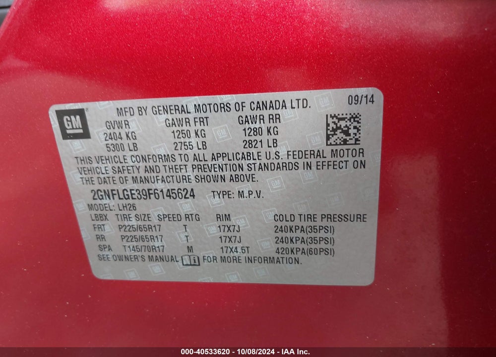 2015 CHEVROLET EQUINOX 2LT VIN: 2GNFLGE39F6145624