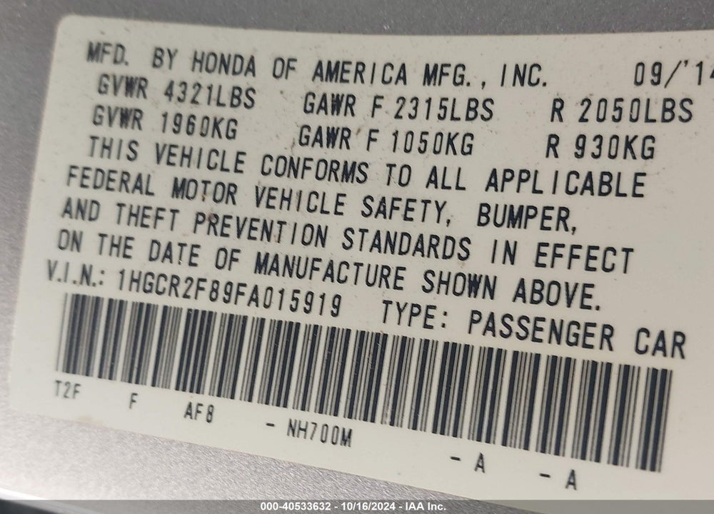 2015 HONDA ACCORD EX-L VIN: 1HGCR2F89FA015919