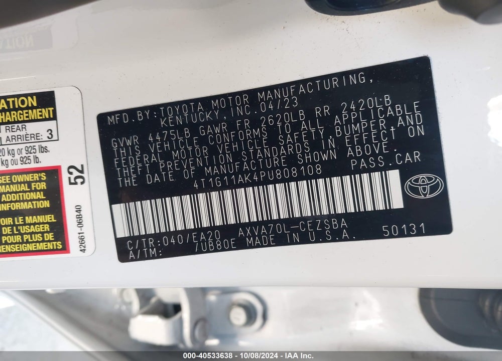 2023 TOYOTA CAMRY SE VIN: 4T1G11AK4PU808108