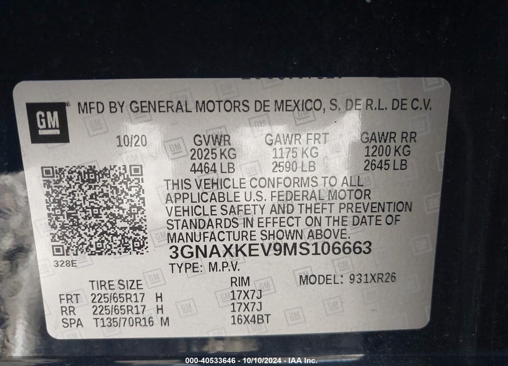 2021 CHEVROLET EQUINOX FWD LT VIN: 3GNAXKEV9MS106663