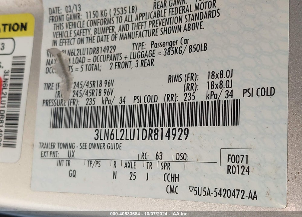 2013 LINCOLN MKZ HYBRID VIN: 3LN6L2LU1DR814929