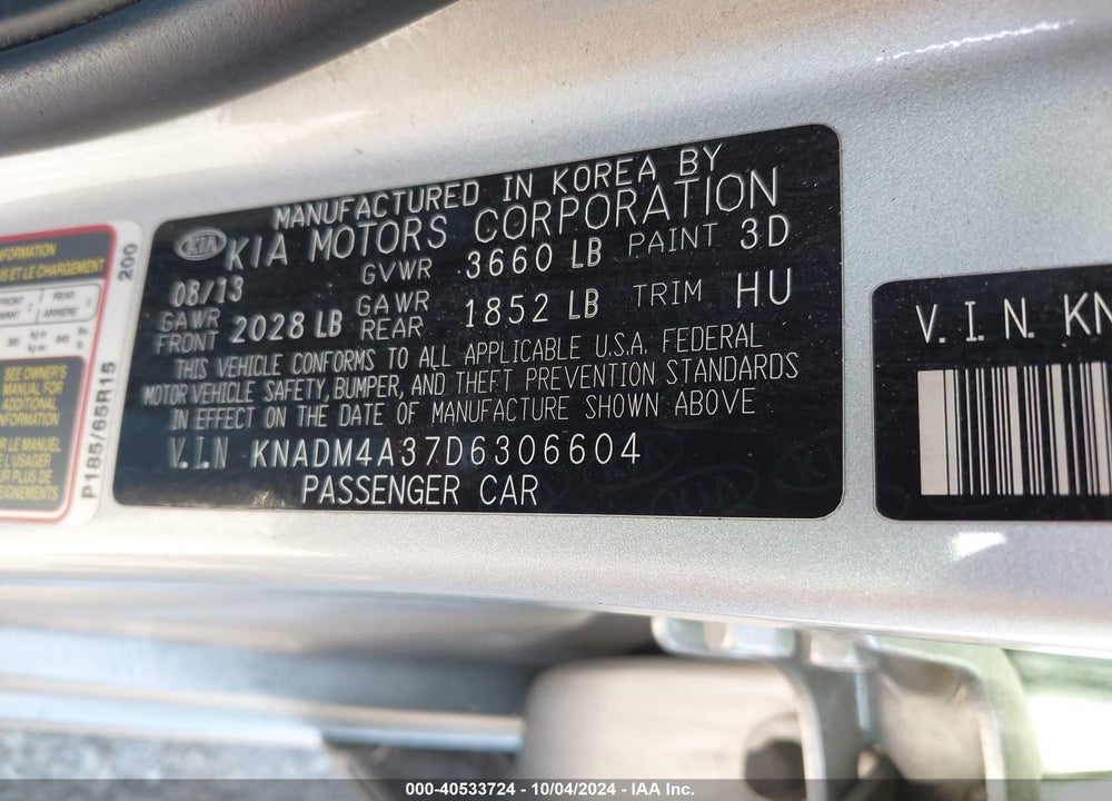 2013 KIA RIO LX VIN: KNADM4A37D6306604