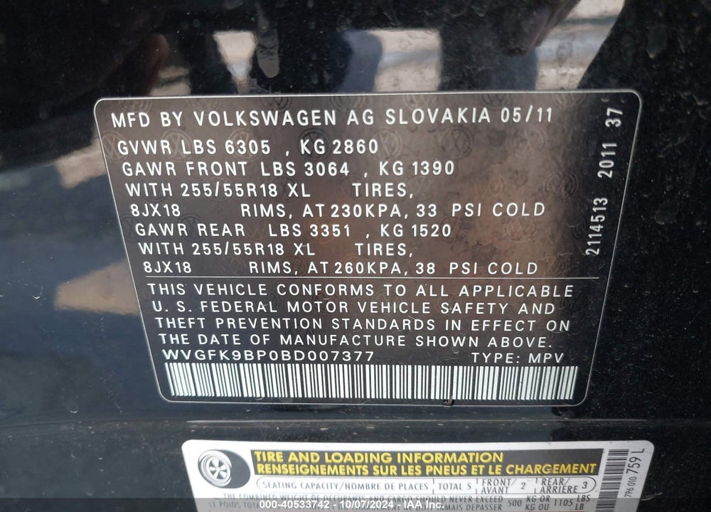 2011 VOLKSWAGEN TOUAREG TDI SPORT VIN: WVGFK9BP0BD007377