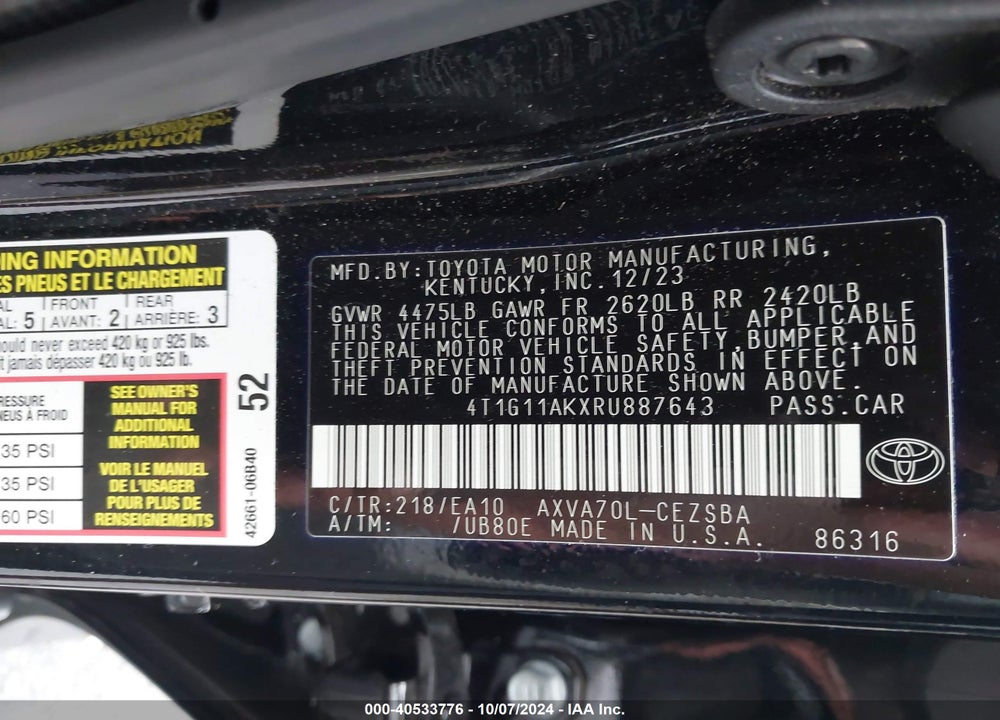 2024 TOYOTA CAMRY SE VIN: 4T1G11AKXRU887643