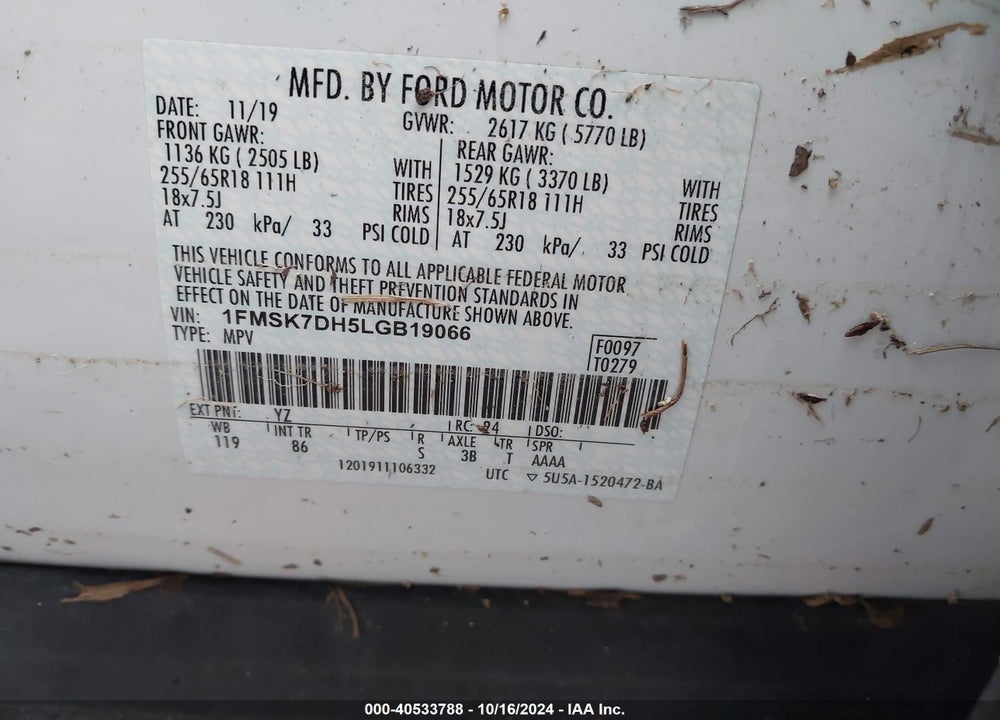 2020 FORD EXPLORER XLT VIN: 1FMSK7DH5LGB19066