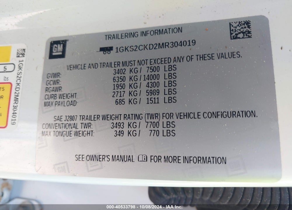 2021 GMC YUKON 4WD AT4 VIN: 1GKS2CKD2MR304019
