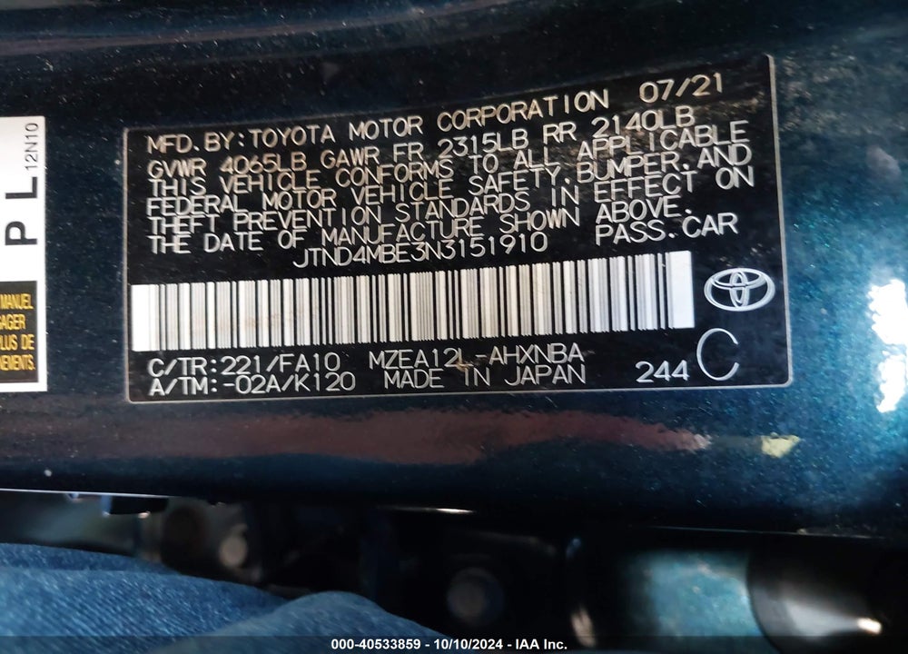 2022 TOYOTA COROLLA SE VIN: JTND4MBE3N3151910