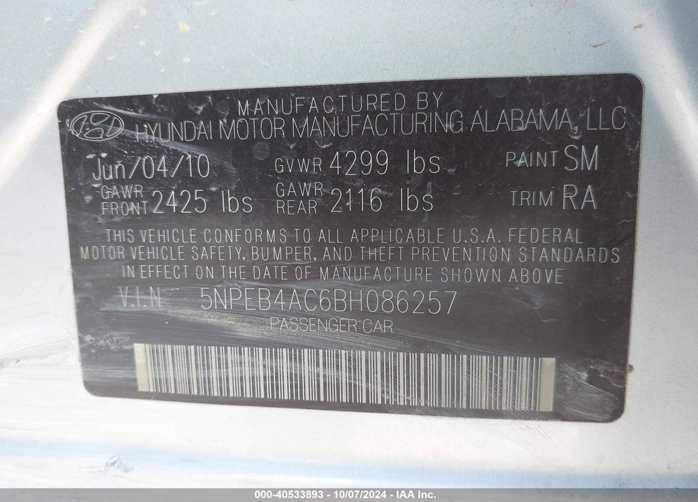 2011 HYUNDAI SONATA GLS VIN: 5NPEB4AC6BH086257