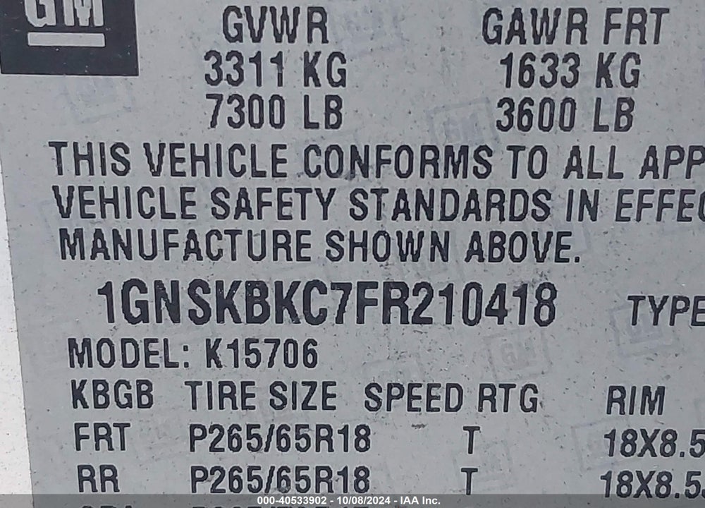 2015 CHEVROLET TAHOE LT VIN: 1GNSKBKC7FR210418