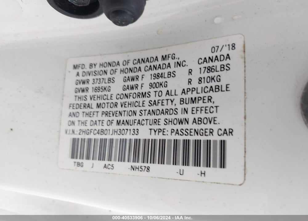 2018 HONDA CIVIC LX-P VIN: 2HGFC4B01JH307133