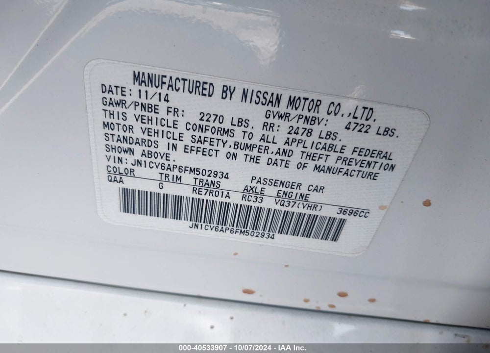 2015 INFINITI Q40 VIN: JN1CV6AP6FM502934