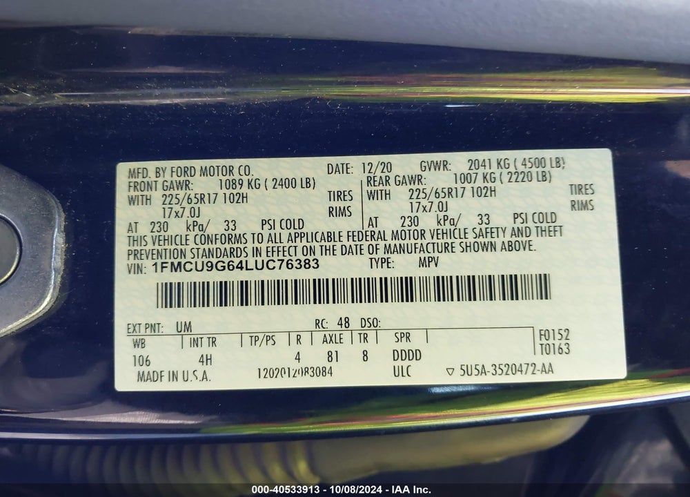 2020 FORD ESCAPE SE VIN: 1FMCU9G64LUC76383