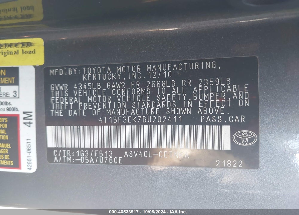2011 TOYOTA CAMRY LE VIN: 4T1BF3EK7BU202411