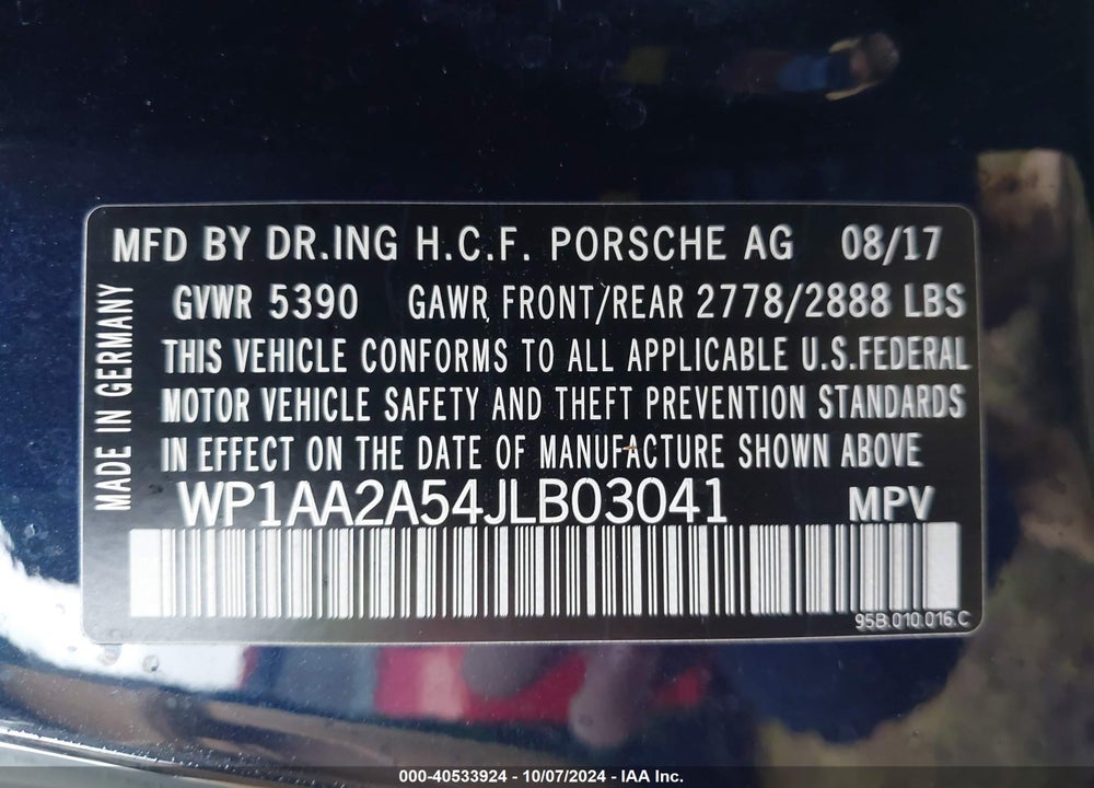 2018 PORSCHE MACAN VIN: WP1AA2A54JLB03041