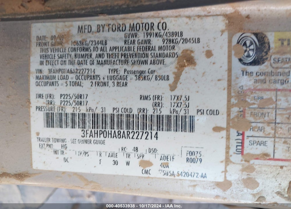 2010 FORD FUSION SE VIN: 3FAHP0HA8AR227214