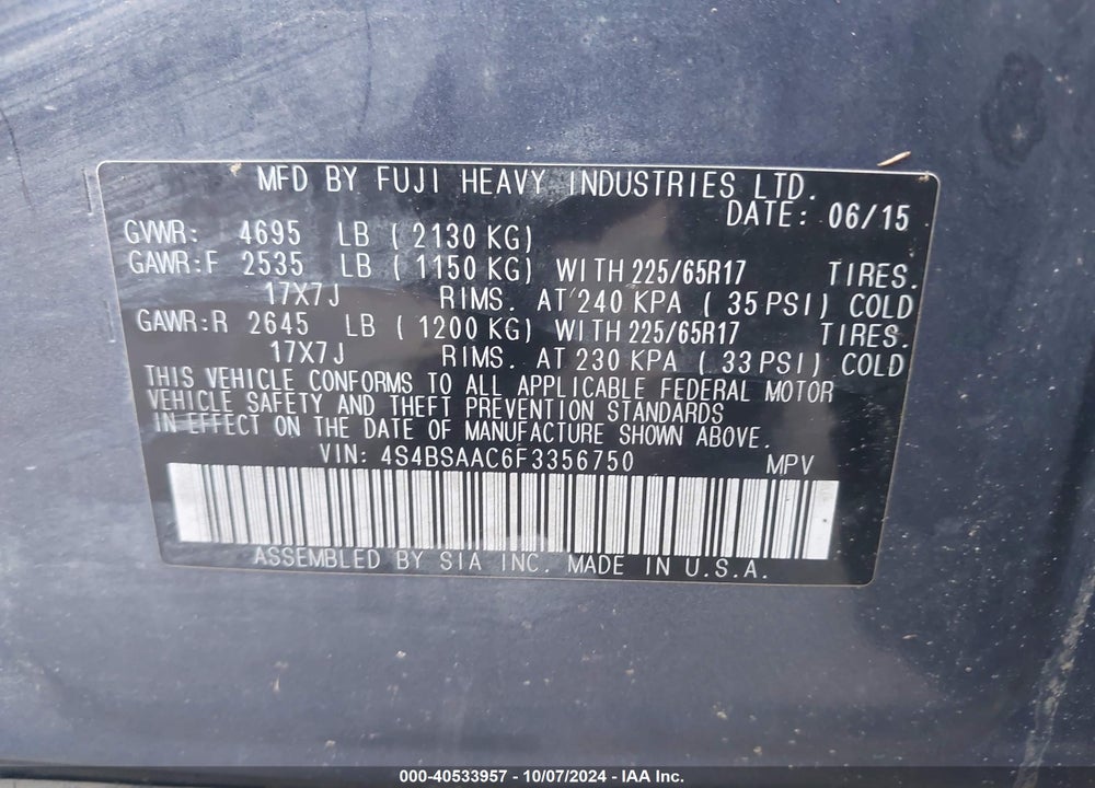2015 SUBARU OUTBACK 2.5I VIN: 4S4BSAAC6F3356750