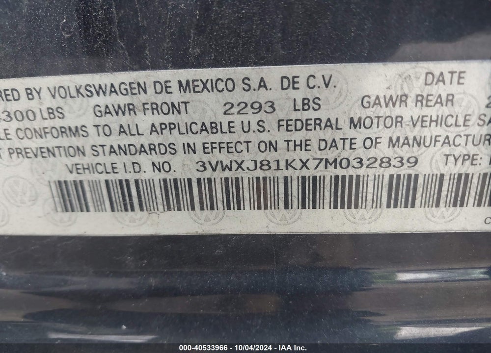2007 VOLKSWAGEN JETTA GLI VIN: 3VWXJ81KX7M032839