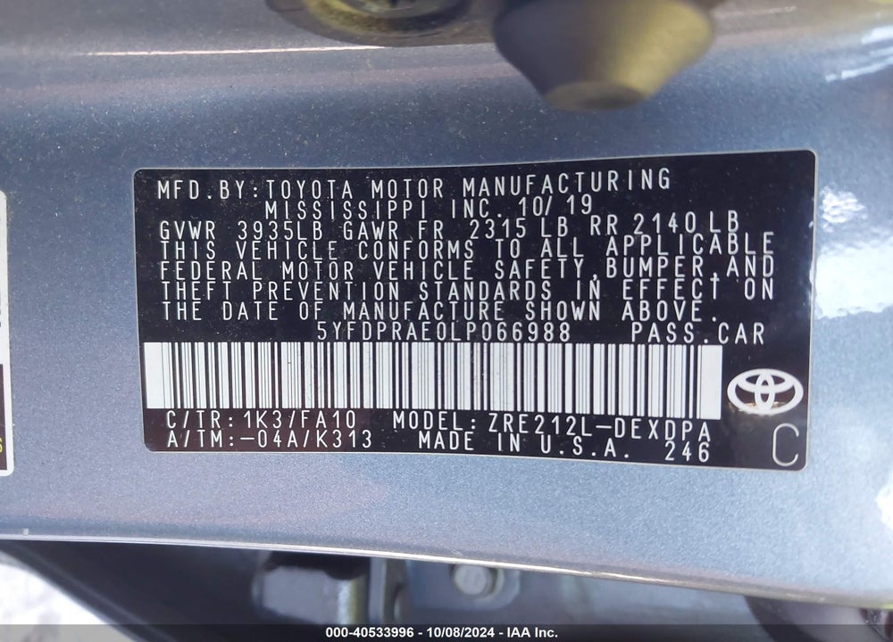 2020 TOYOTA COROLLA L VIN: 5YFDPRAE0LP066988