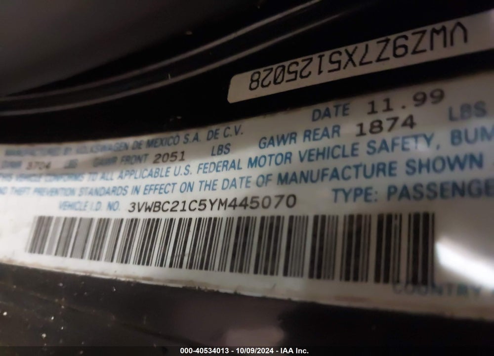 2000 VOLKSWAGEN NEW BEETLE GL VIN: 3VWBC21C5YM445070