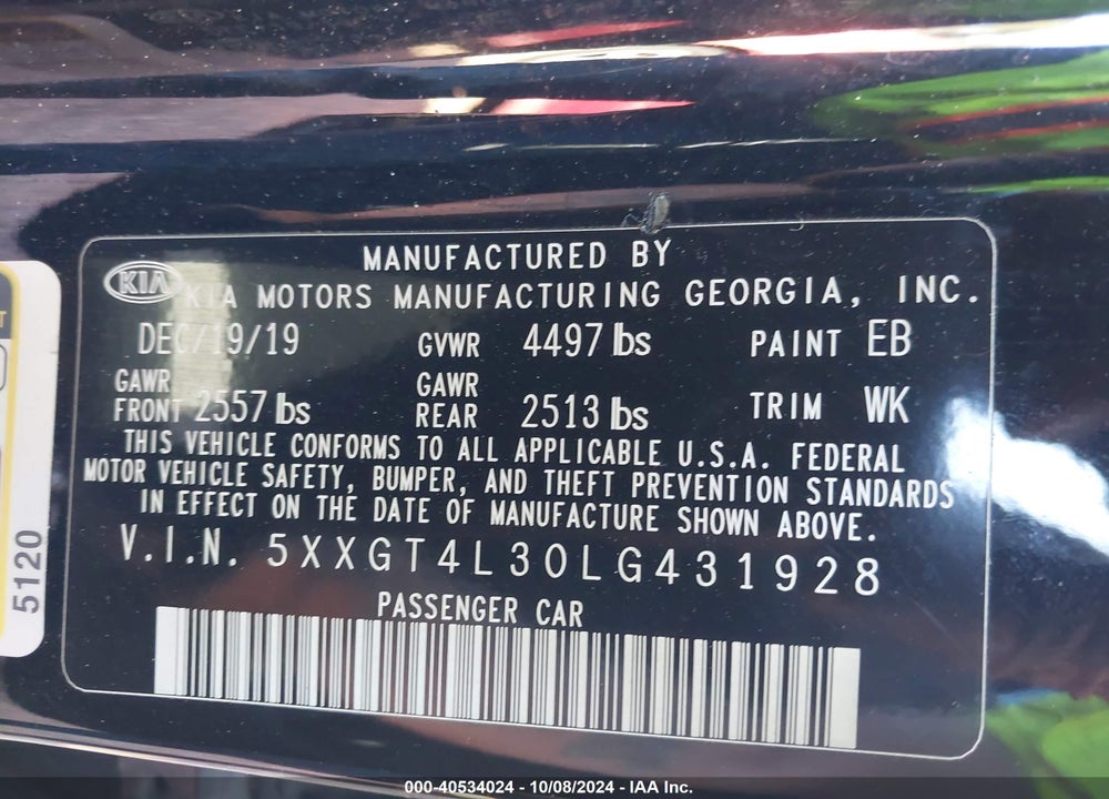 2020 KIA OPTIMA VIN: 5XXGT4L30LG431928
