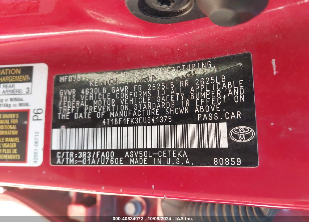2014 TOYOTA CAMRY L VIN: 4T1BF1FK3EU841375