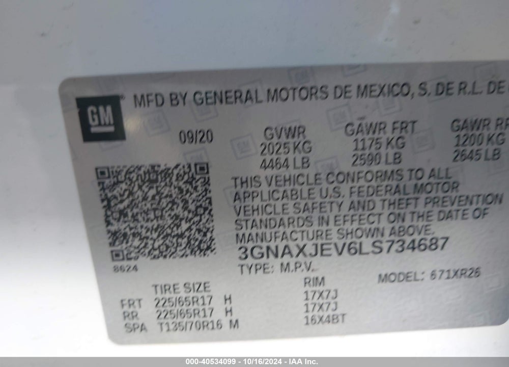 2020 CHEVROLET EQUINOX FWD 2FL VIN: 3GNAXJEV6LS734687