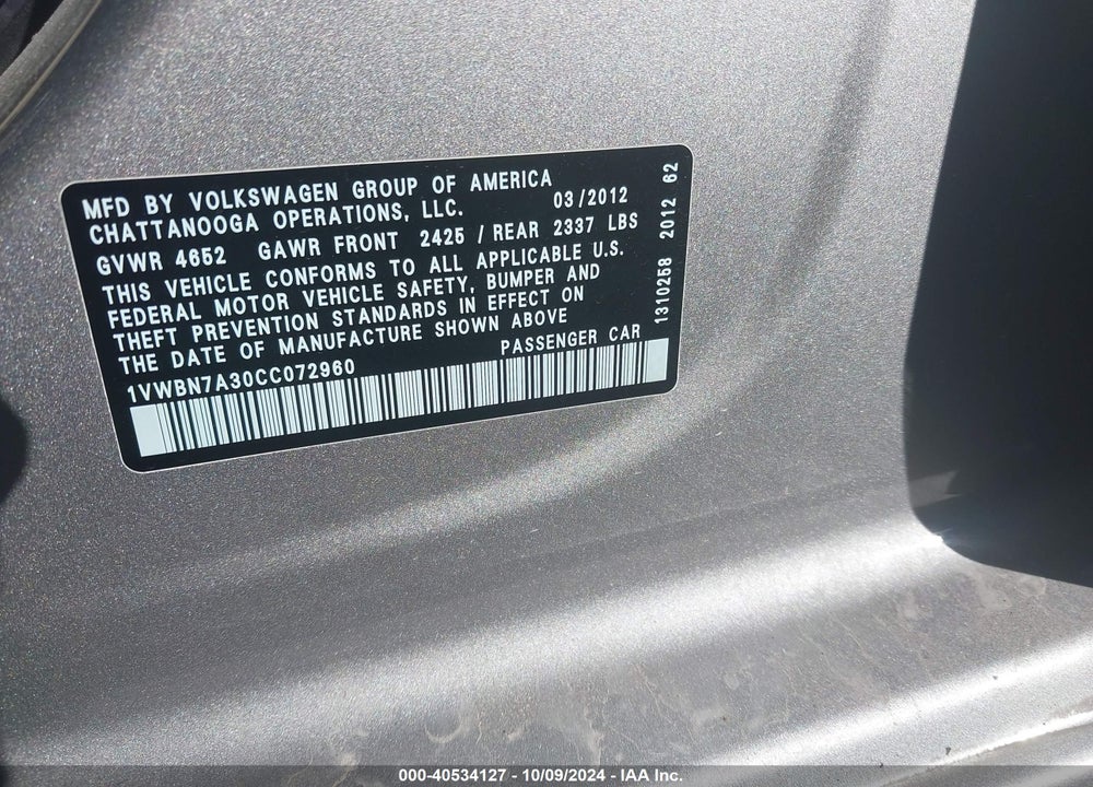 2012 VOLKSWAGEN PASSAT 2.0L TDI SE VIN: 1VWBN7A30CC072960