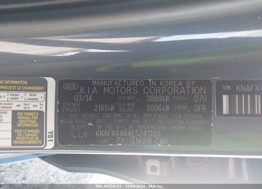2014 KIA FORTE LX VIN: KNAFX4A64E5241180