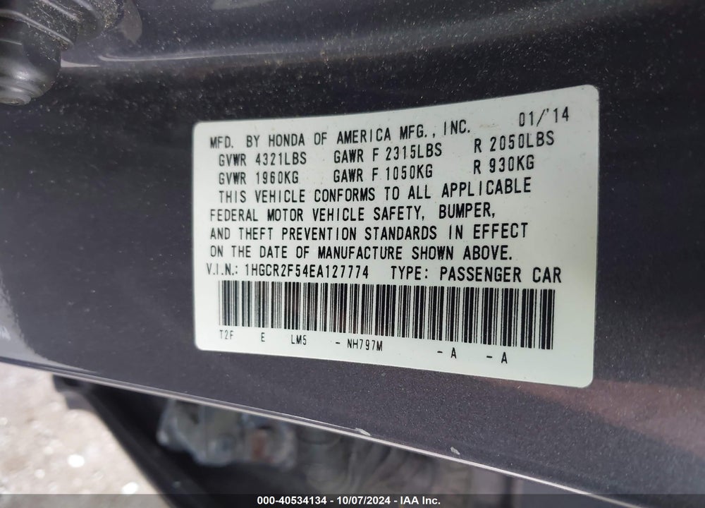 2014 HONDA ACCORD SPORT VIN: 1HGCR2F54EA127774