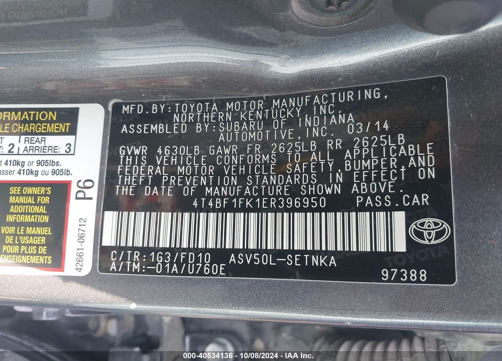 2014 TOYOTA CAMRY LE VIN: 4T4BF1FK1ER396950