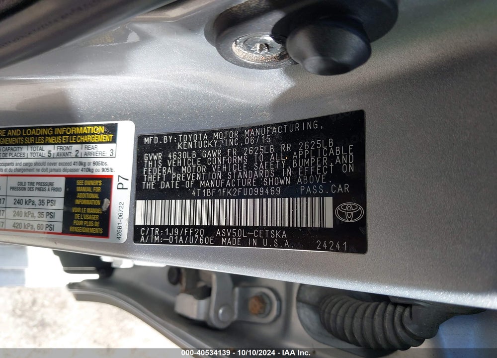 2015 TOYOTA CAMRY SE VIN: 4T1BF1FK2FU099469