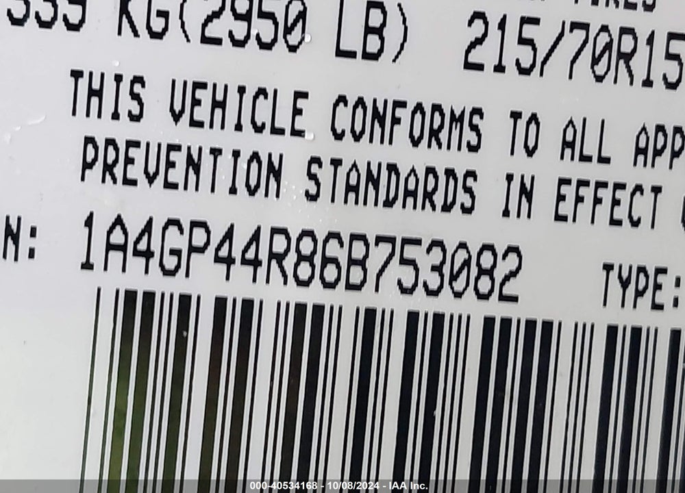 2006 CHRYSLER TOWN & COUNTRY LX VIN: 1A4GP44R86B753082