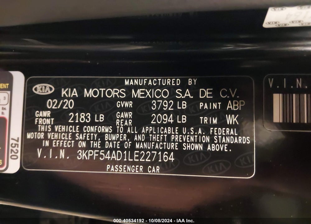 2020 KIA FORTE EX VIN: 3KPF54AD1LE227164