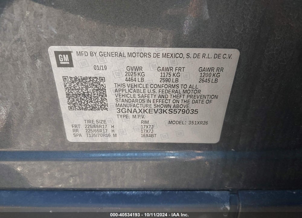 2019 CHEVROLET EQUINOX LT VIN: 3GNAXKEV3KS579035