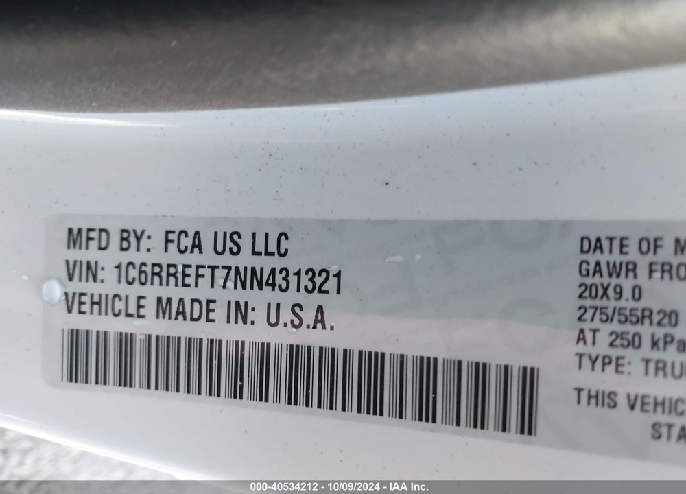 2022 RAM 1500 BIG HORN 4X2 5'7 BOX VIN: 1C6RREFT7NN431321
