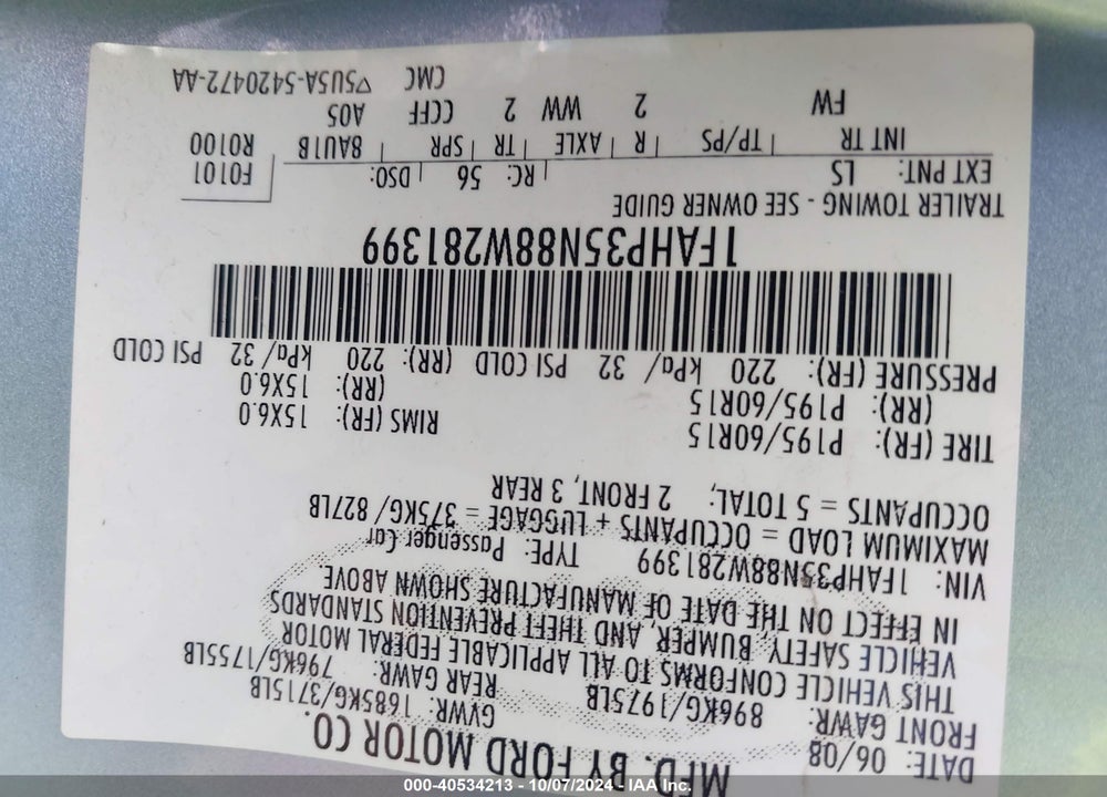 2008 FORD FOCUS SE/SES VIN: 1FAHP35N88W281399