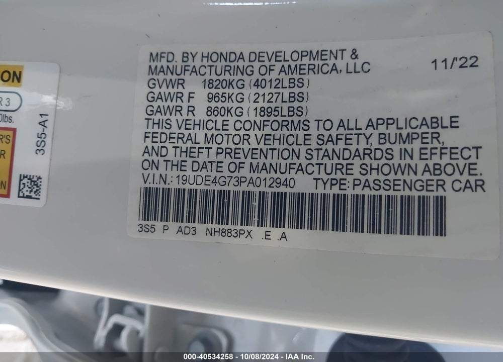 2023 ACURA INTEGRA A-SPEC W/ TECHNOLOGY VIN: 19UDE4G73PA012940