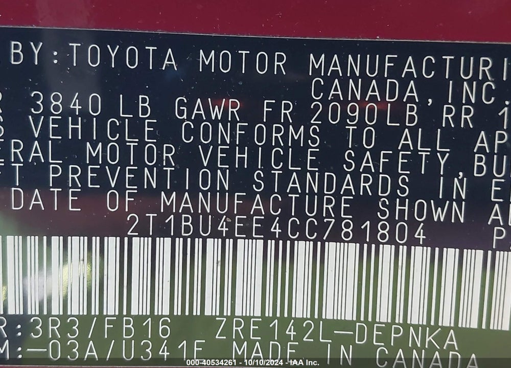 2012 TOYOTA COROLLA LE VIN: 2T1BU4EE4CC781804