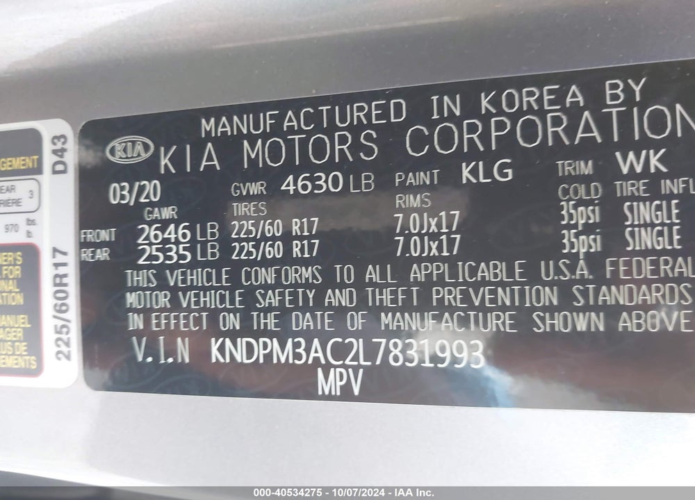 2020 KIA SPORTAGE LX VIN: KNDPM3AC2L7831993