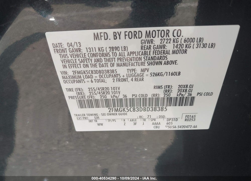 2013 FORD FLEX SEL VIN: 2FMGK5C83DBD38385