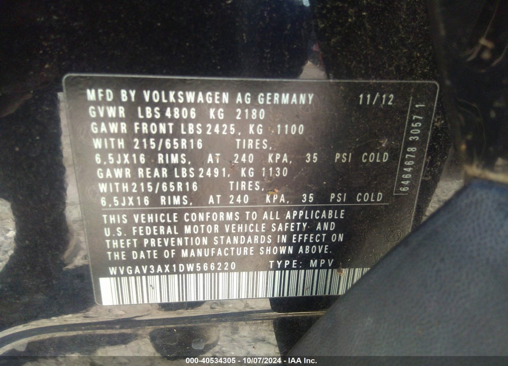2013 VOLKSWAGEN TIGUAN S VIN: WVGAV3AX1DW566220